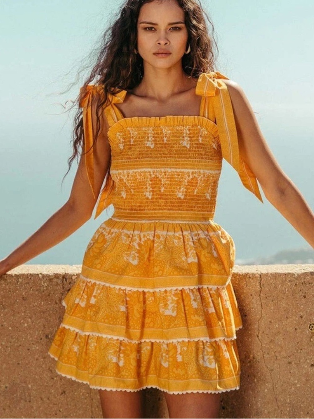 Cleobella Eliana Mini Dress Yellow Orange Smocked Floral Tiered Ruffle Medium